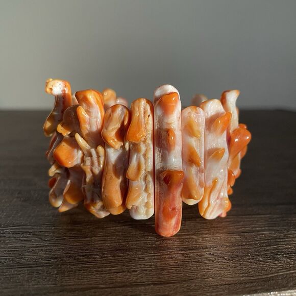 Natural Orange Spiny Oyster Shell Bracelet 7" Stretch Druzy Spikey Bead New - Picture 3 of 9